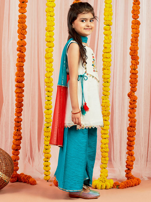 Girl's' White And Blue Kurta Plazoo And Dupatta Set